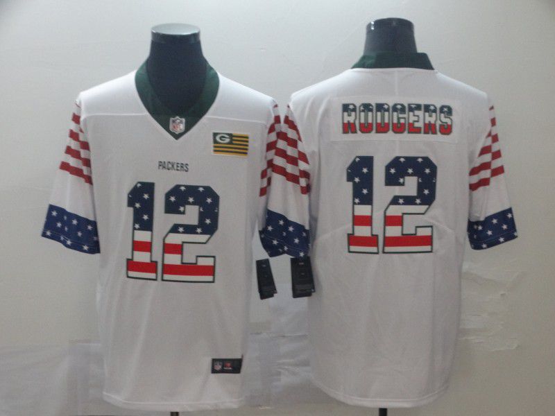 Men Green Bay Packers #12 Rodgers White Retro USA Flag Nike NFL Jerseys